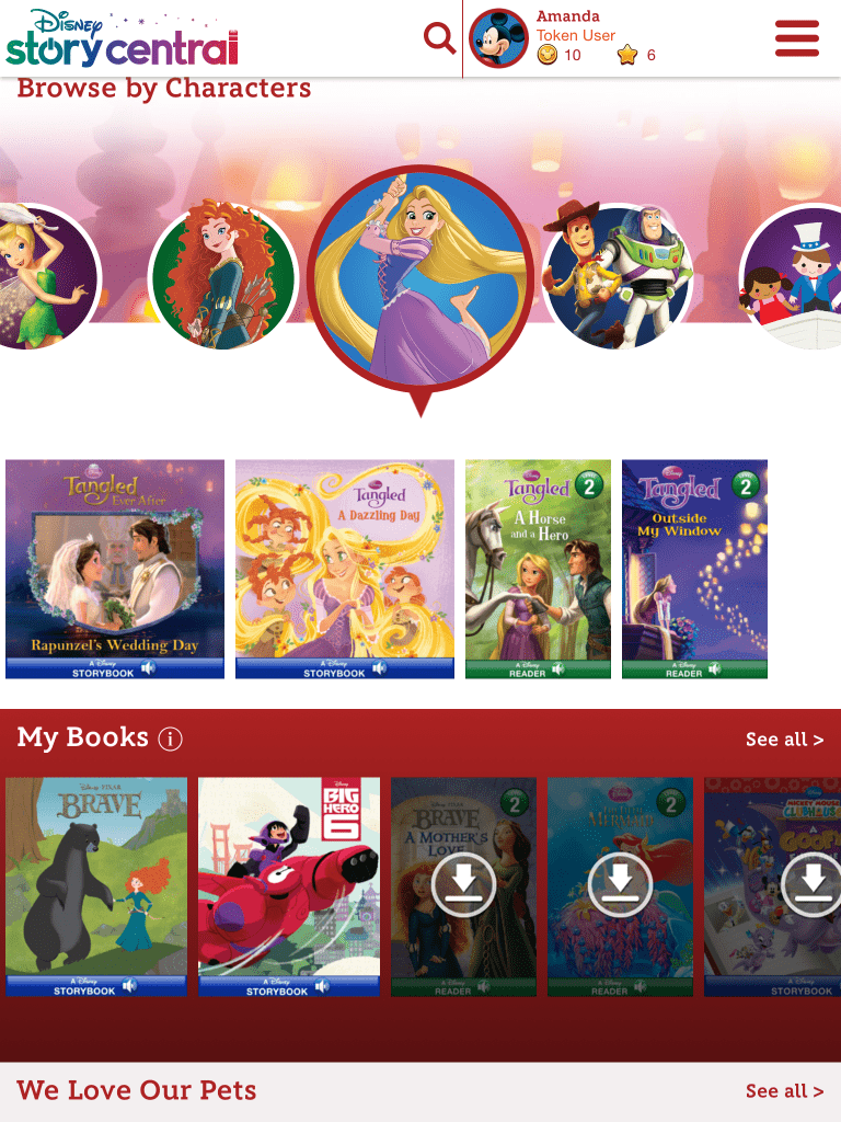 Use tokens to download new books on Disney Story Central