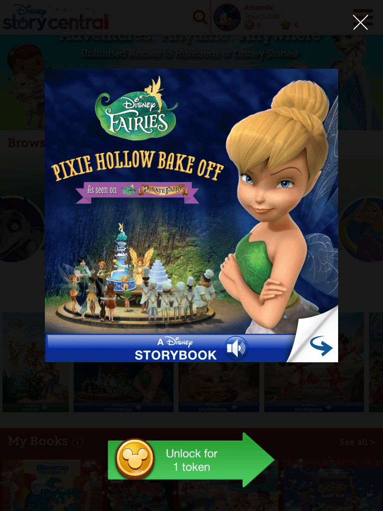 Unlock books on Disney Story Central with tokens. One token equals one book.