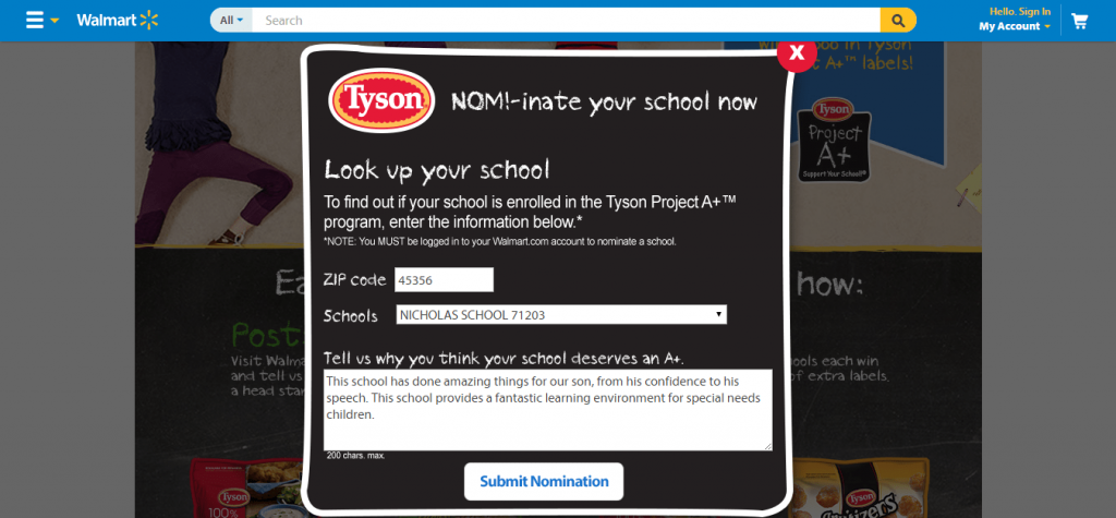 Tyson Project A Walmart.com nomination